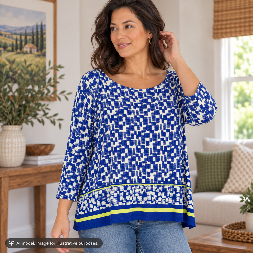 Chicos 2 Shirt Top Womens Large Blue White Block Border Soft Stretch Bateau Neck